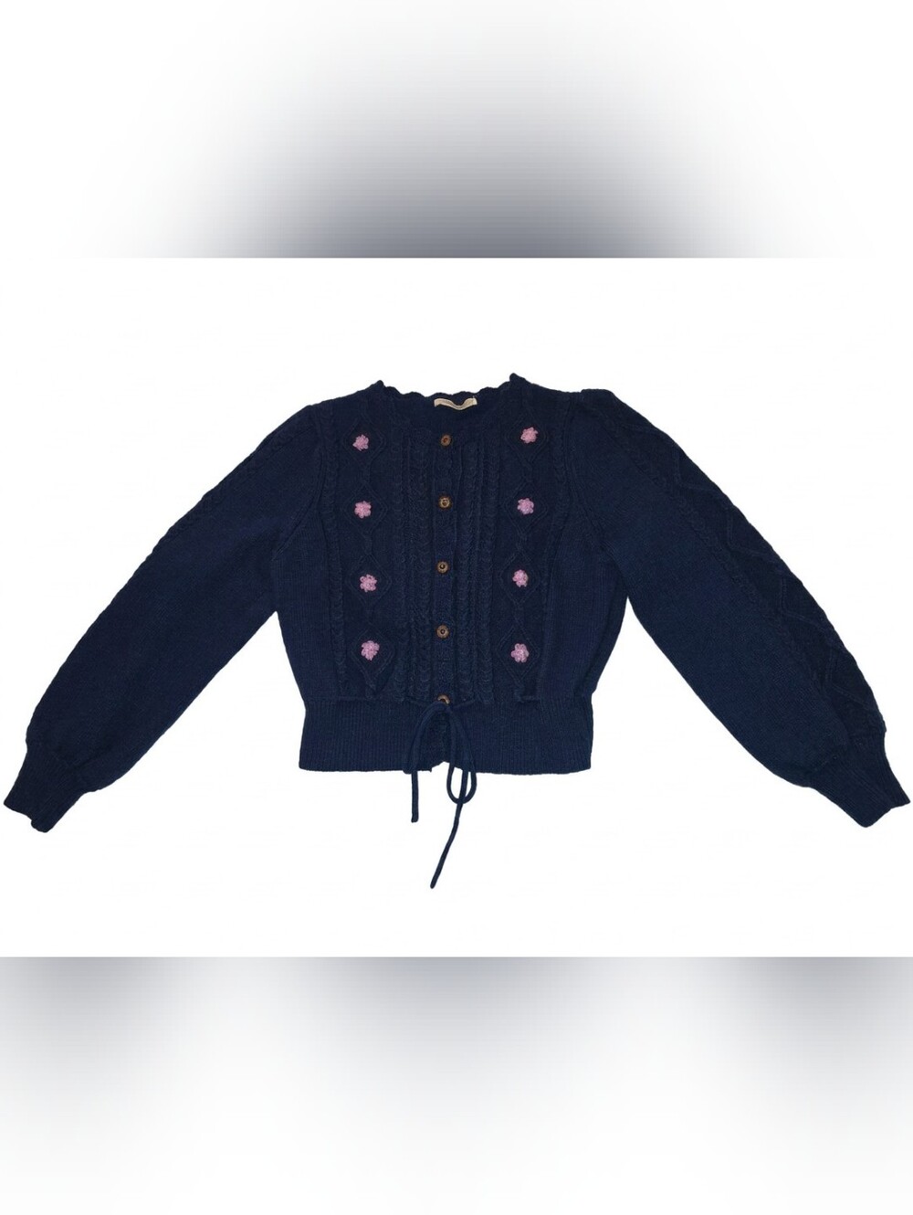 Simple Retro Navy Knit Cardigan with Pink Floral Embroidery - M